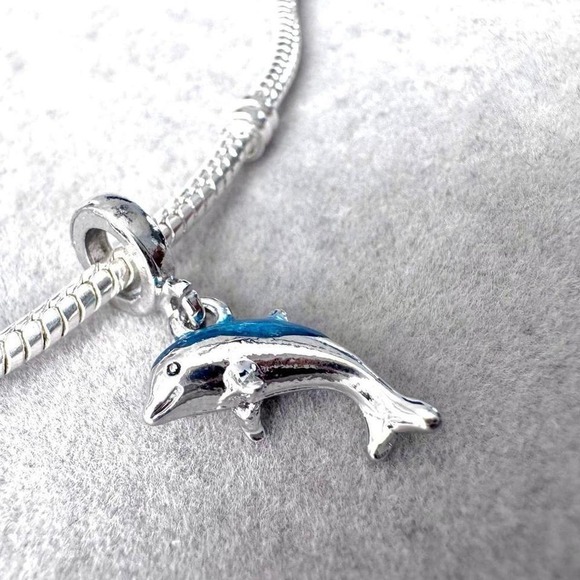 Dolphin Charm Bead Silver Tone Blue Enamel For Pandora Style Bracelets - Picture 7 of 7
